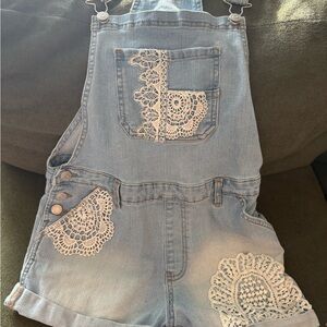 Denim Overalls with Lace Accents